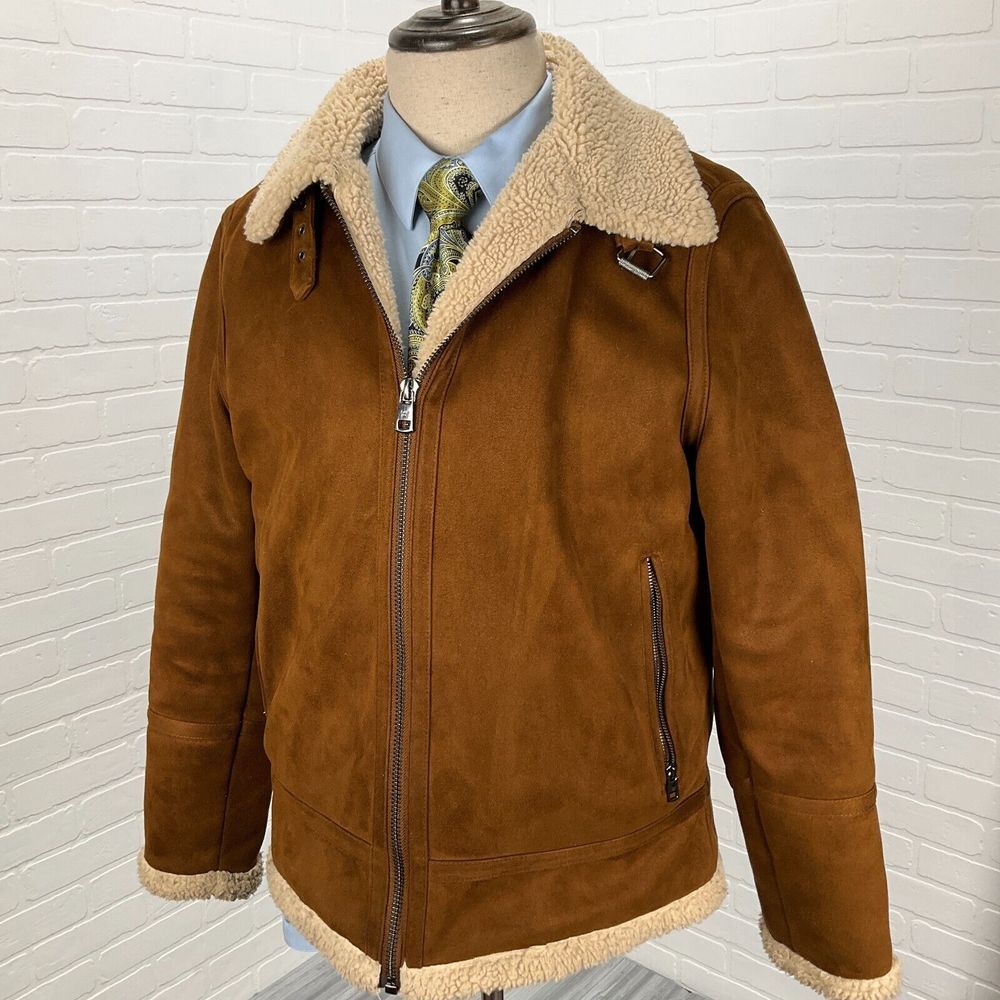 Calvin Klein Mens Medium Brown Sherpa Trim Collar Tab Full‎ Zip Moto Casual